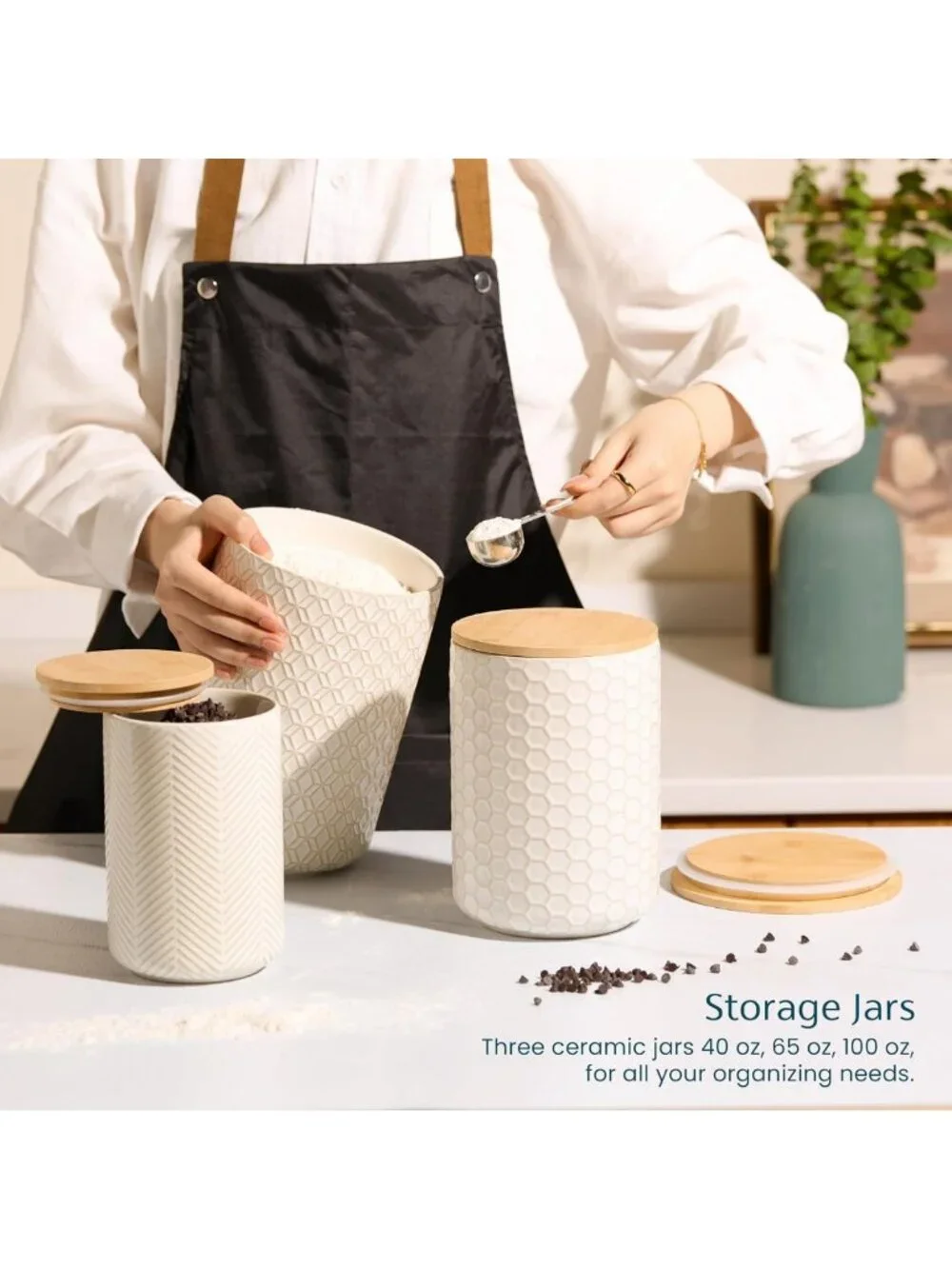 Stylish Ivory Ceramic Storage Containers with Bamboo Lids - Set of 3, Embossed